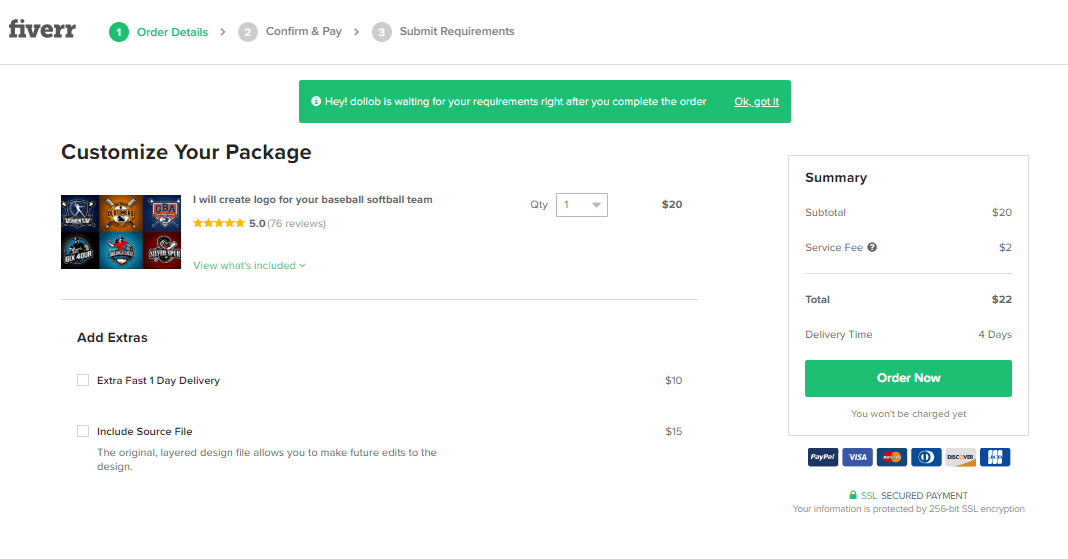 Captura de pantalla de Fiverr: personaliza tu paquete